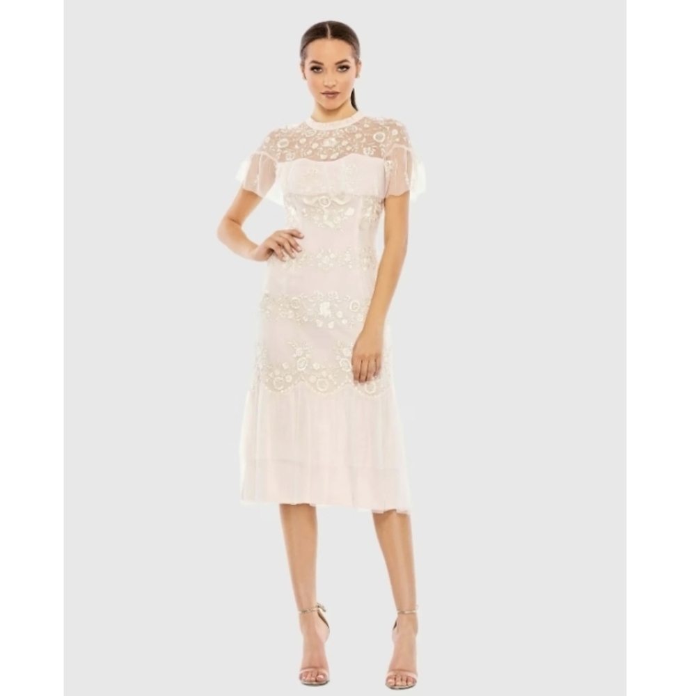 NWT Mac Duggal Pink High Neck Mesh Tier Embroidered Dress
